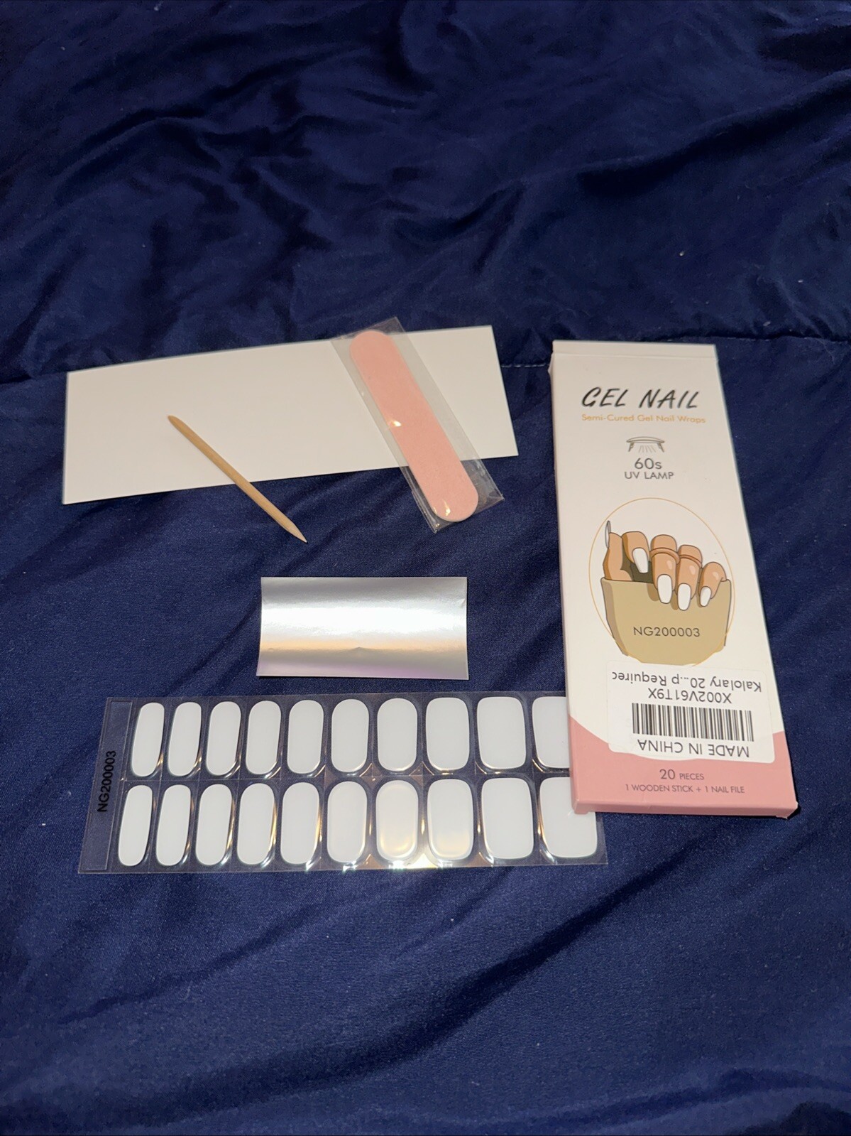 Kalolary Semi-Cured Gel Nail Wraps White 20 Pieces 1 Wooden Stick & Nail File