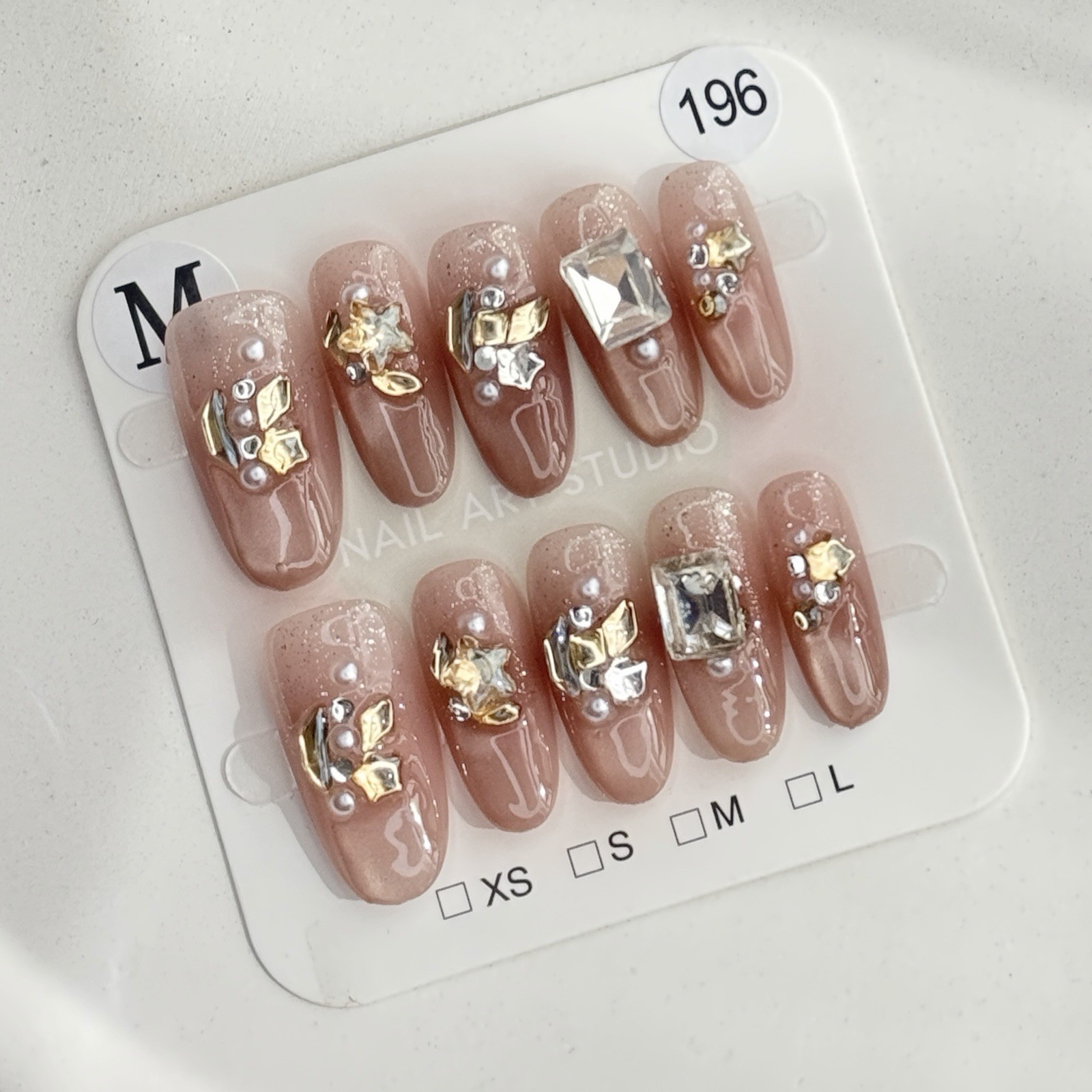 Handmade Pink Rhinestone Ring Press-On Nails Medium Oval SizeM Reusable