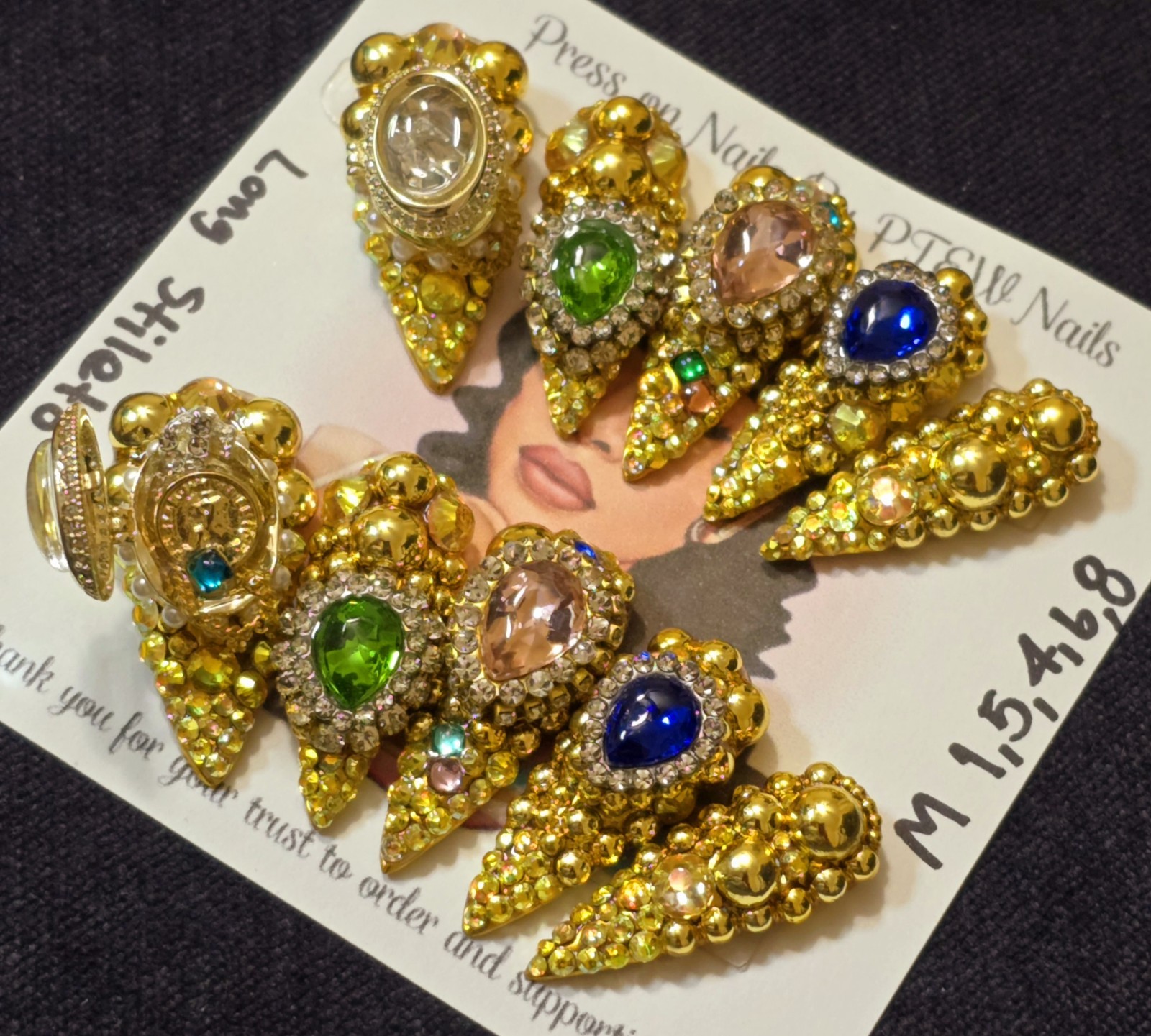 Handmade Press On Nails,Luxury Richy Girl,Medium Size 1,5,4,6,8 Long Stiletto