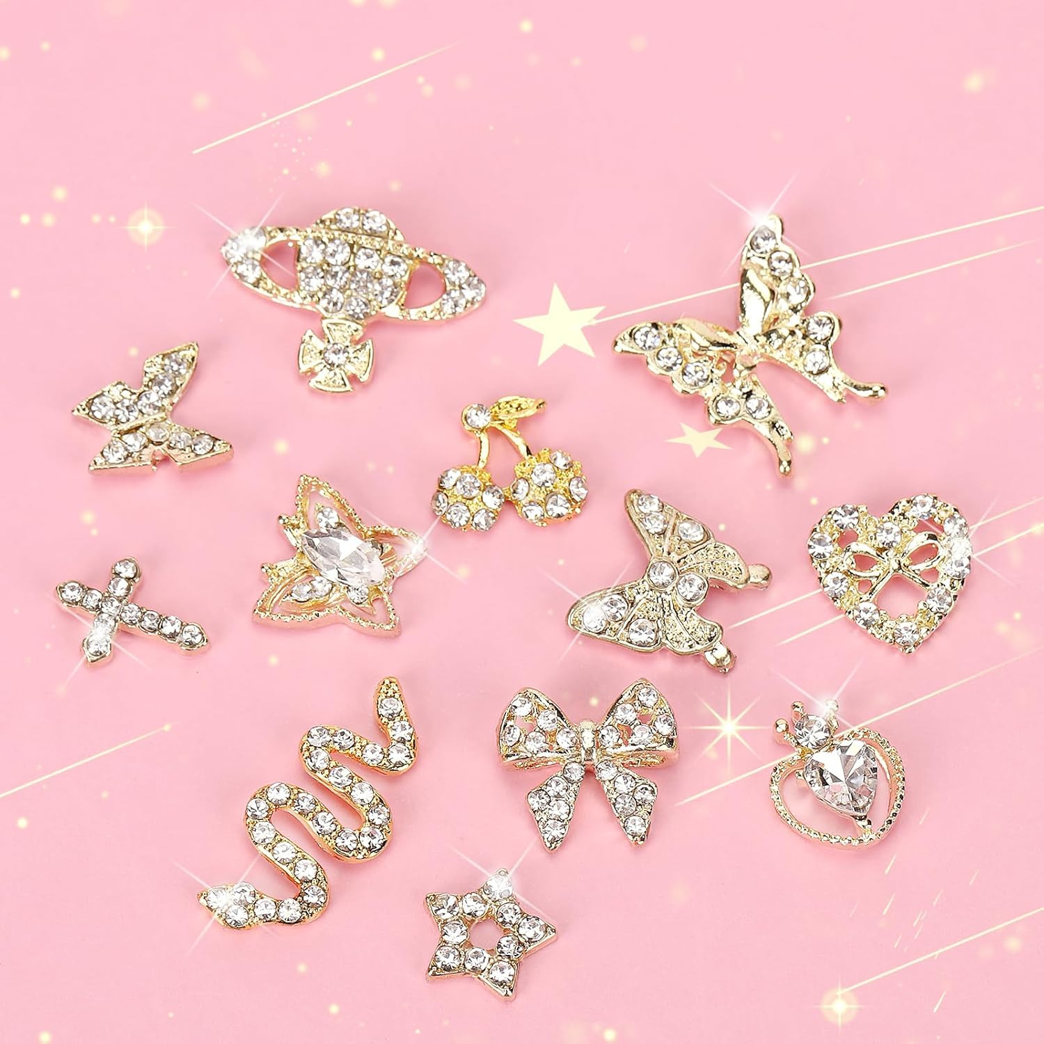24PCS Nail Charms Y2K Alloy Nail Art Rhinestone Charms 3D Heart Bow Butterfly Ch