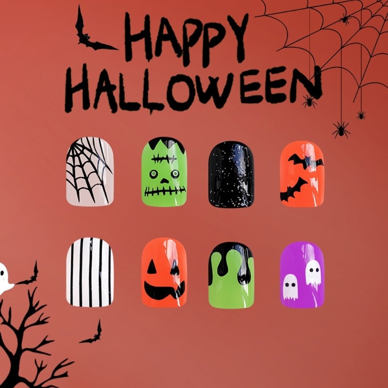 24Pieces Halloween Artificial Tips Cobweb Bat Pattern Short Square Press