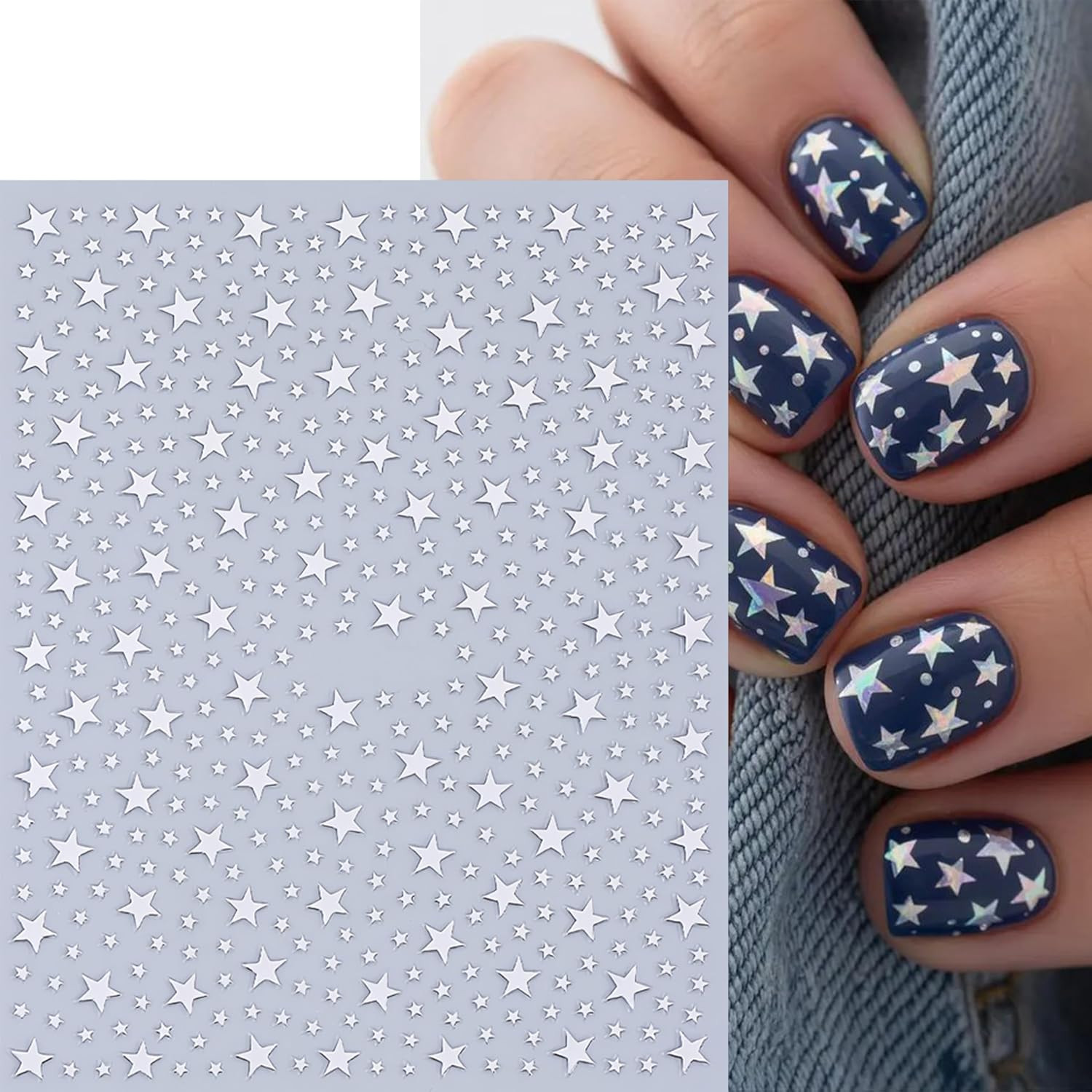 10 Pcs Star Nail Stickers 3D Gold Silver White Black Red Blue Green Rose Gold Pi