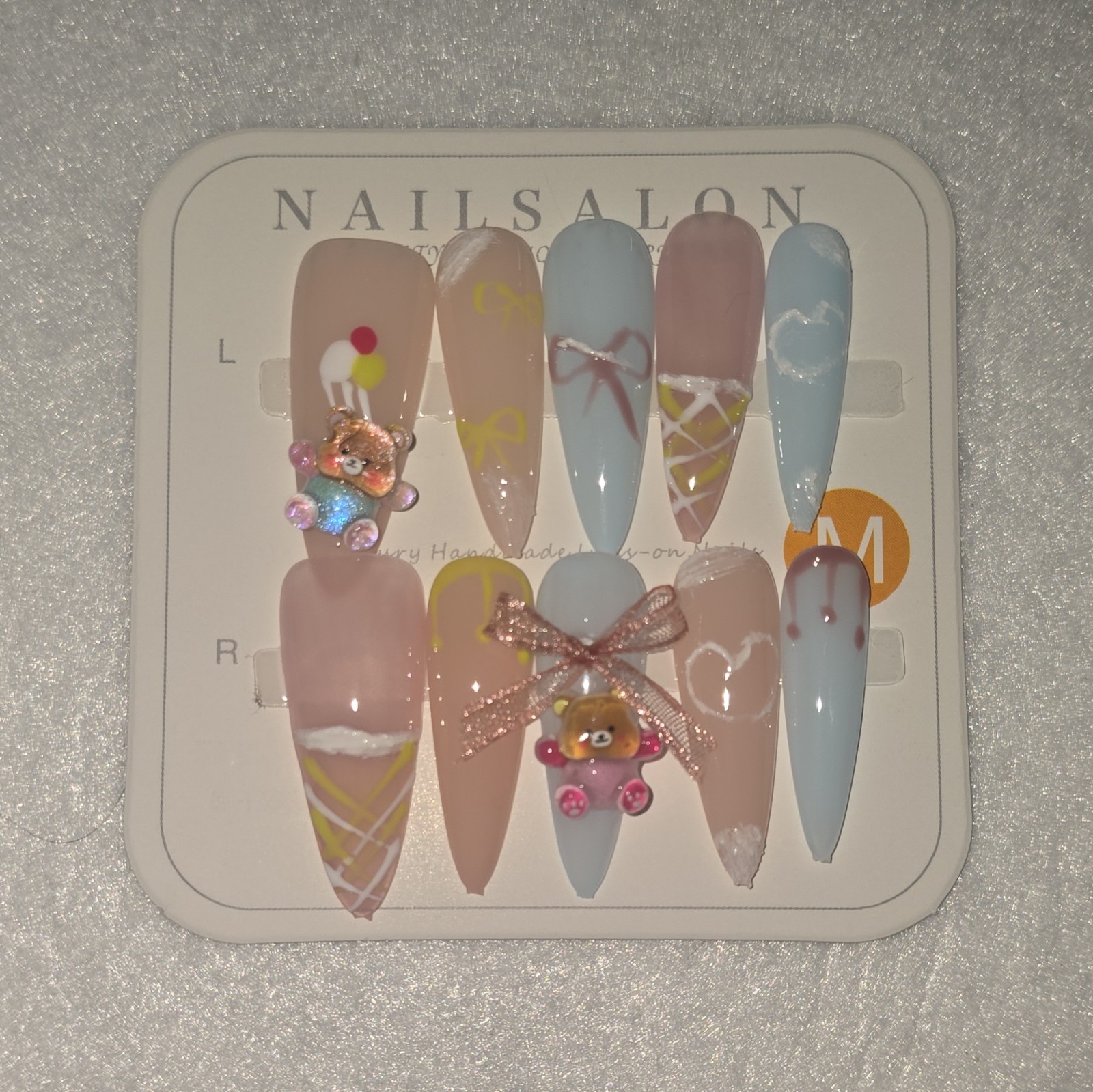 NAILSALON Long Stiletto Pink Blue 3D Teddy Bear Full Cover Press-On Nails #11