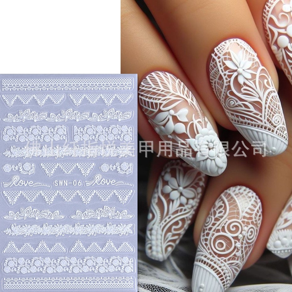 2Pcs Nail Stickers Black White Lace Self-Adhesive Slider Peel Off Decoration NH7