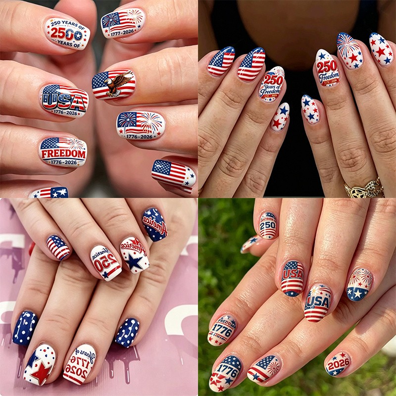 96Pcs Mixed Shape Nails, USA 250th Anniv, Flag Firework & Letter Print