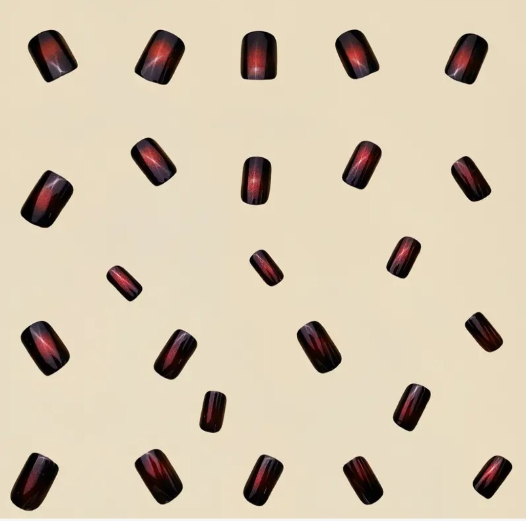 24-Piece Ballet Nail Set – Medium Length Black with Red Aura Glossy Finish Nail