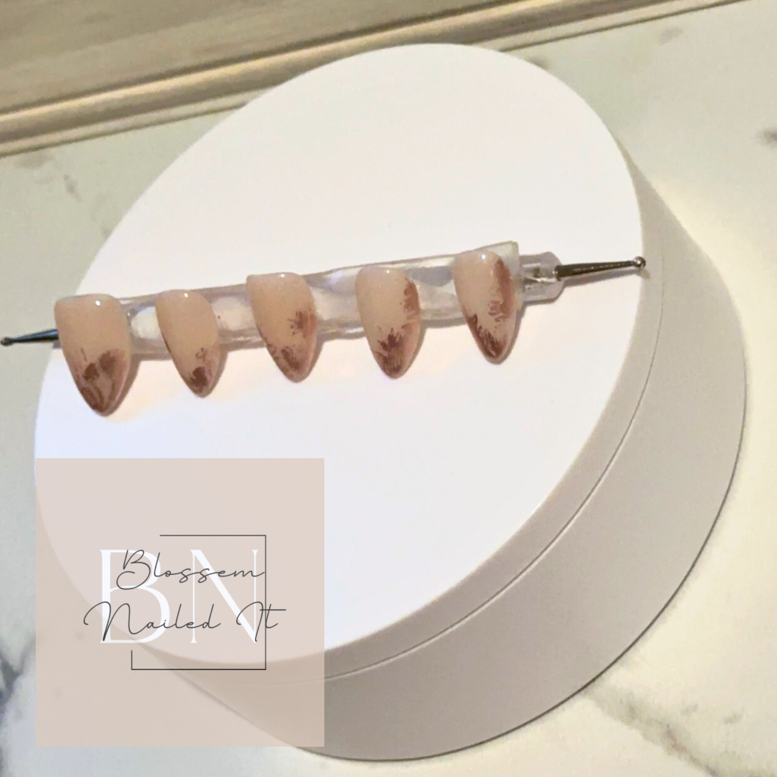 Rose Gold shattered French press on nails. Long and short styles available.
