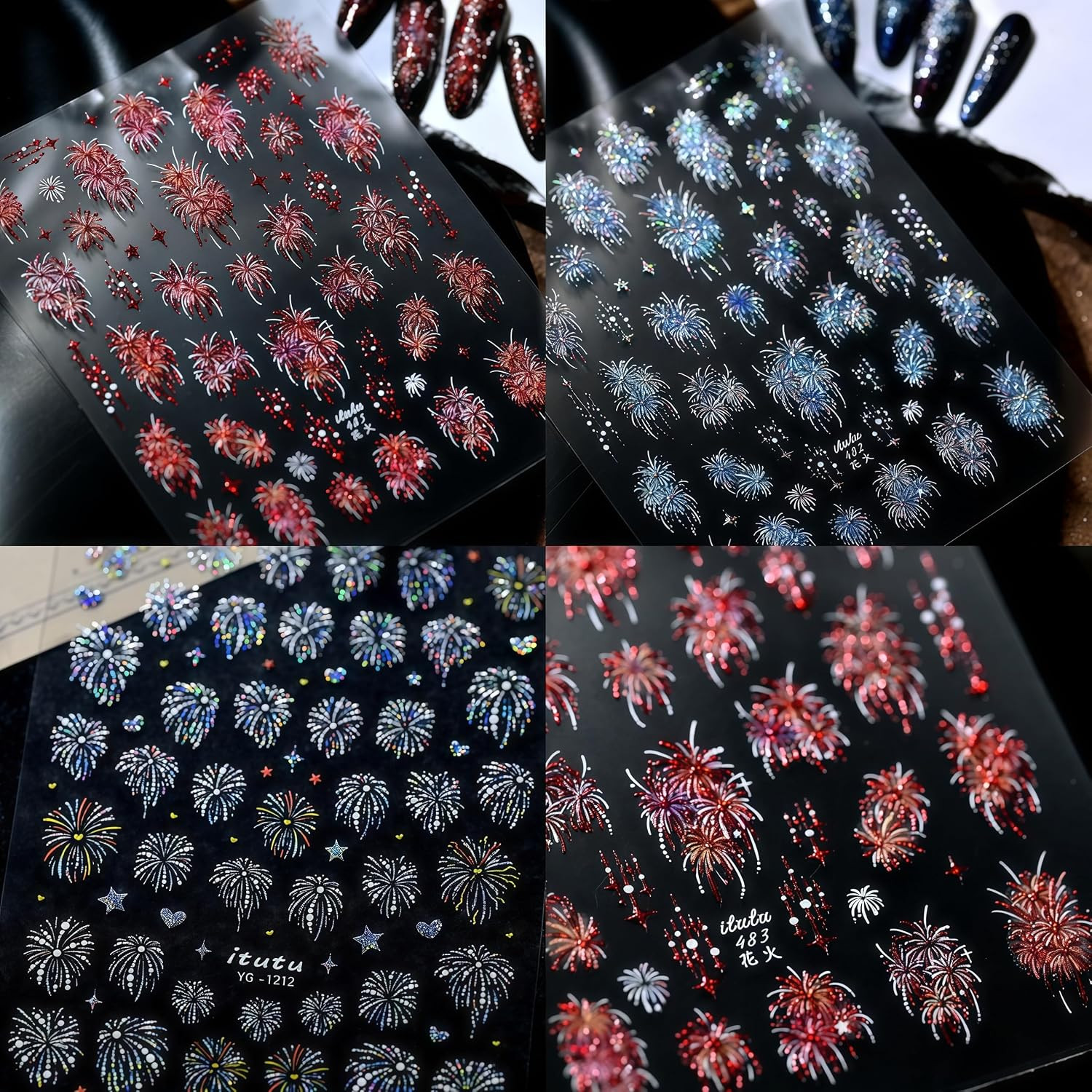 3 Sheets Fireworks Nail Stickers 5D Embossed Colorful Fireworks Nails Decals Aur