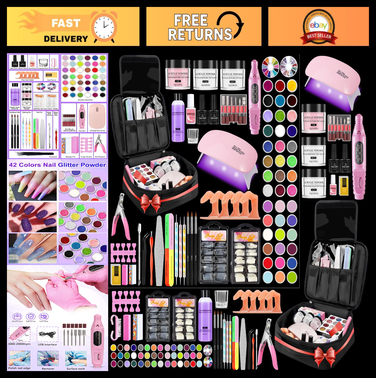 Acrylic Nail Kit for Beginners – 42 Colors Glitter Powder, UV Light, Drill & Org