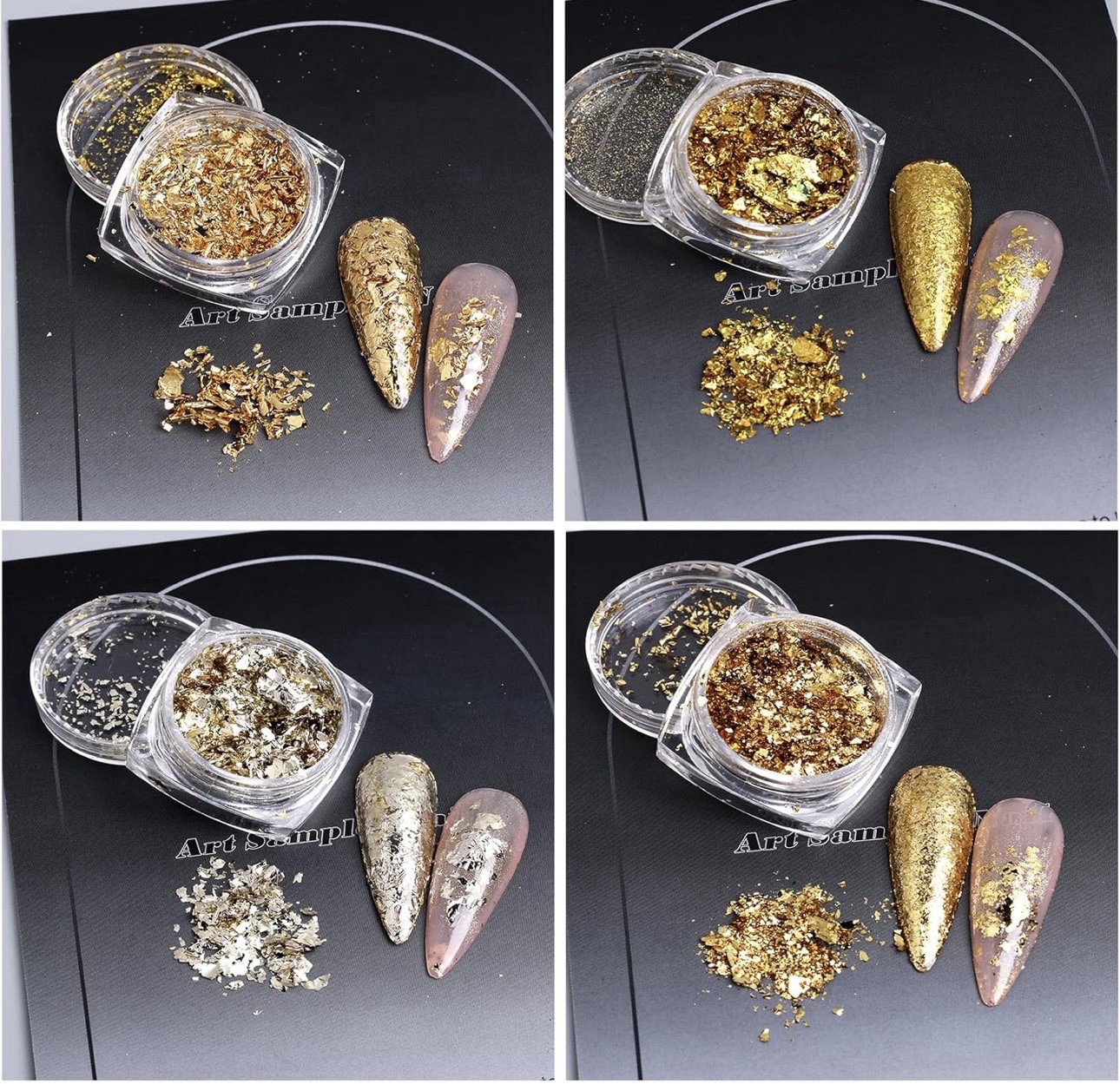 Nail Art Foil Flakes Charms Set w/ Jars 12 pc Gold Silver Black Rose Gold