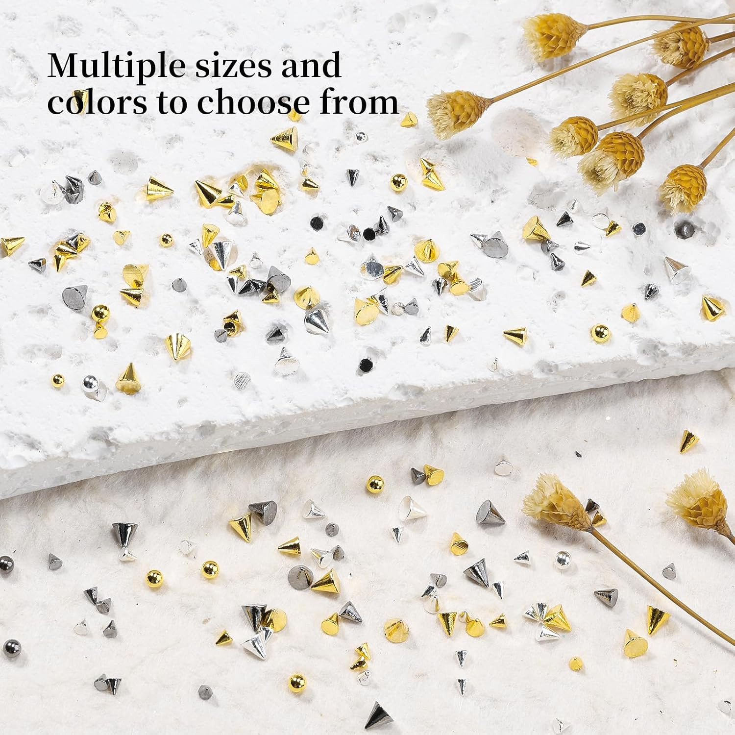 3D Mini Metal Punk Nail Art Studs, Mixed Sizes Gold Silver Black Alloy Cone Spik