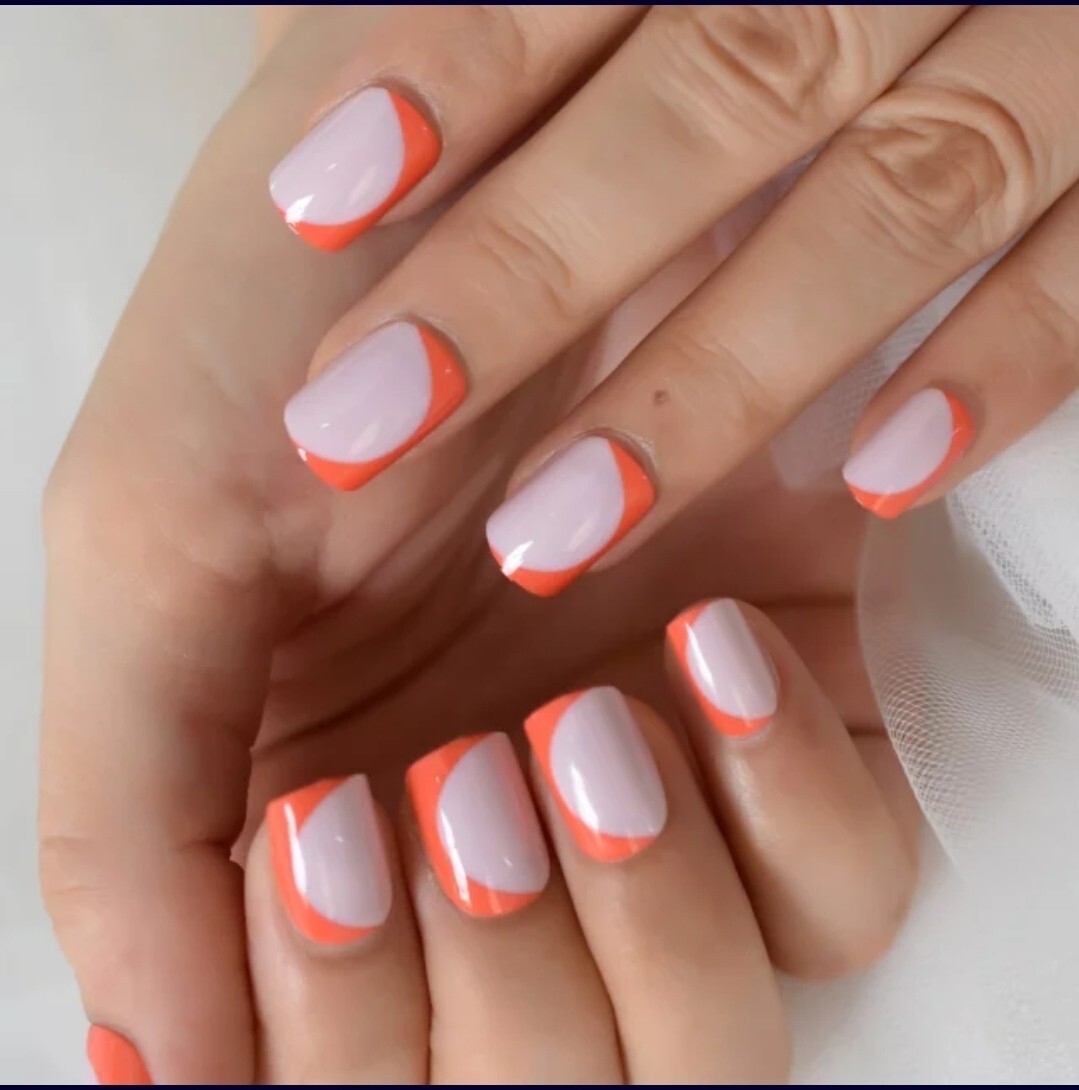 24 Short Orange Nude Press on nails glue kit Trendy circle summer natural spring