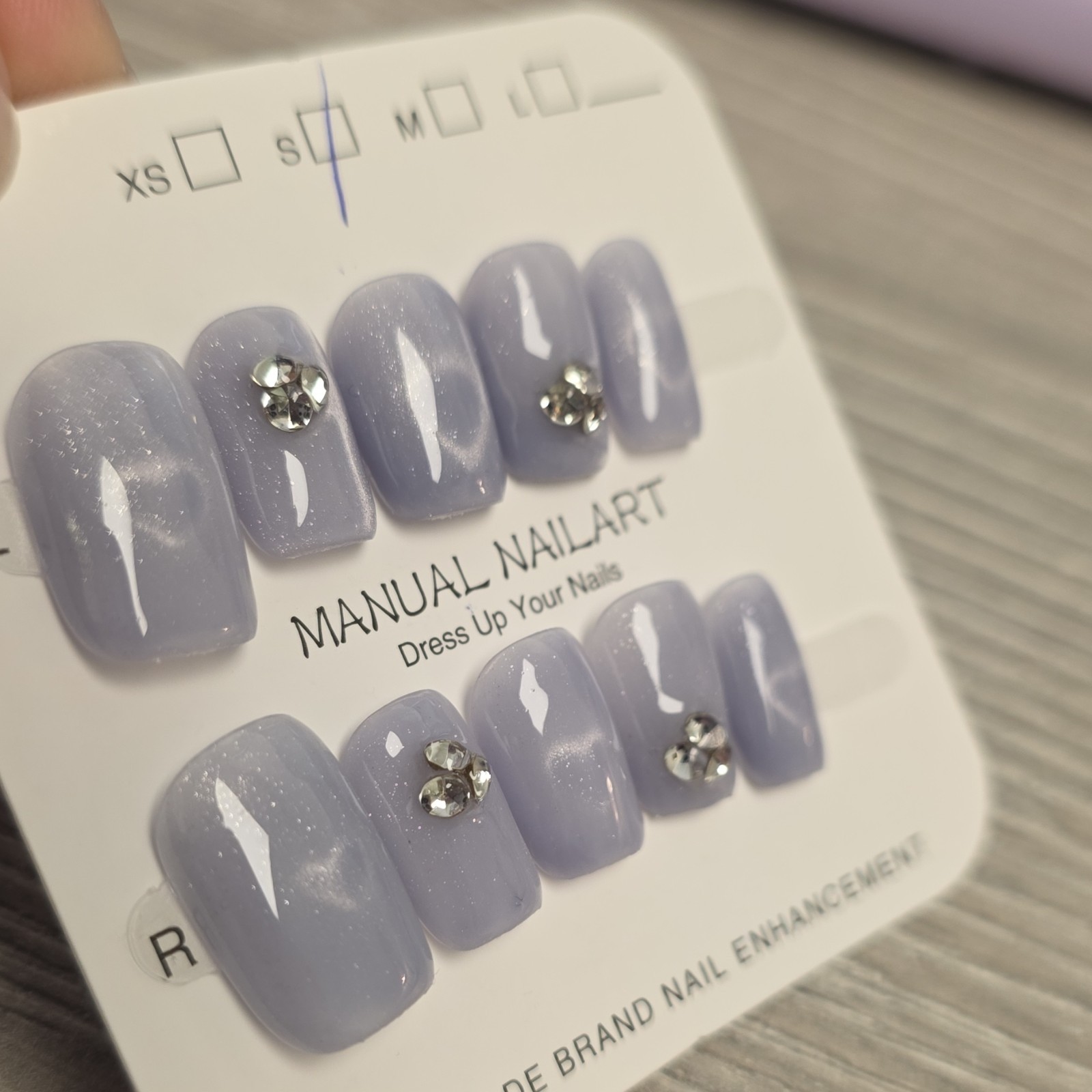 Lavender Sparkle Cateye Heart 3D Rhinestone Small Square Press-On Nails