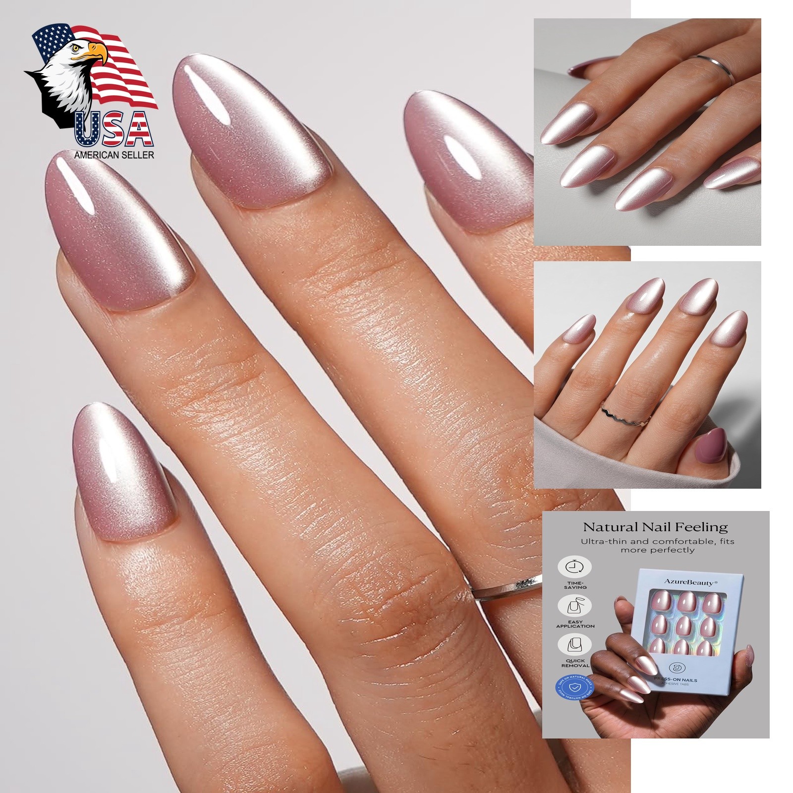 AZUREBEAUTY Short Almond Nails Dusty Mauve Cat Eye
