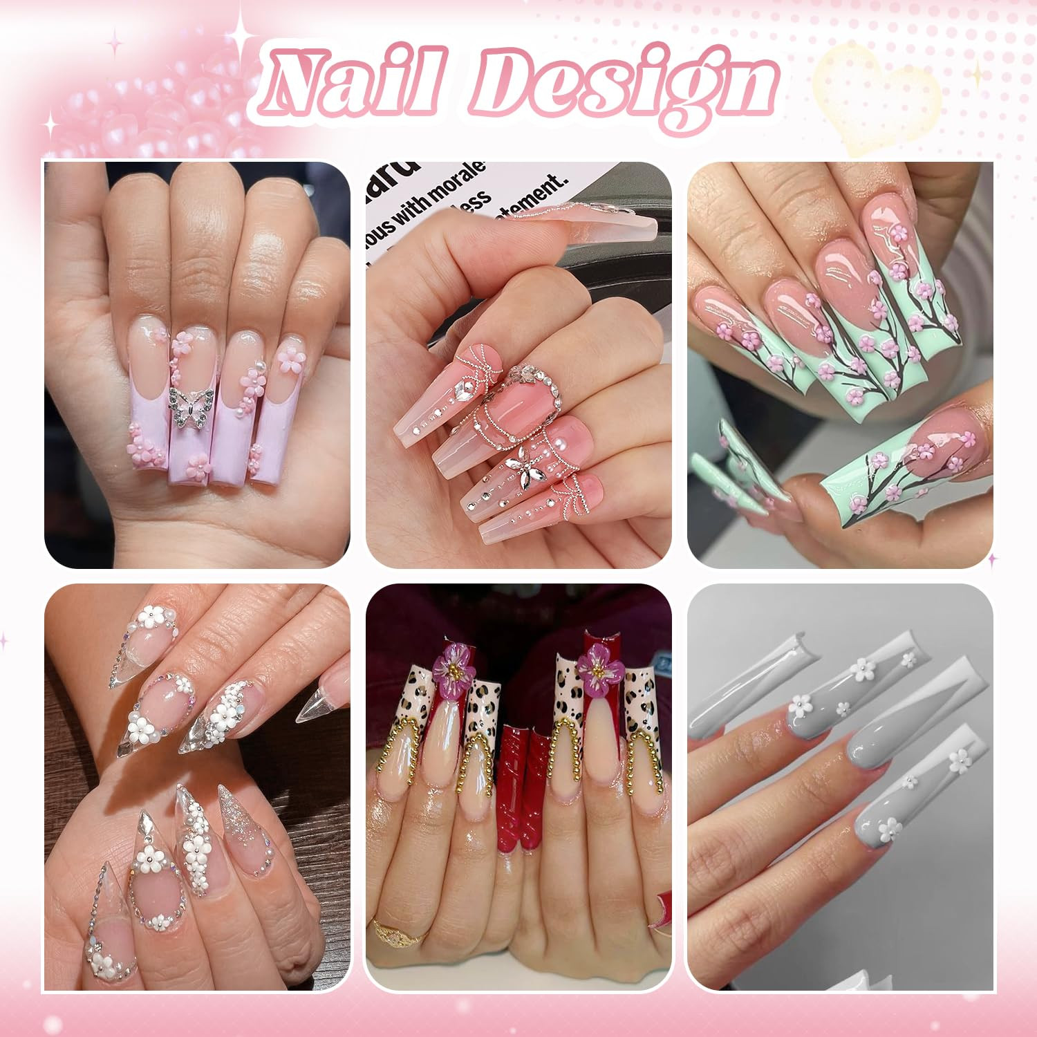 2 Boxes Metal Nail Beads (Silver+Gold) and 3D Flowers for Nail Art, Flatback Pea
