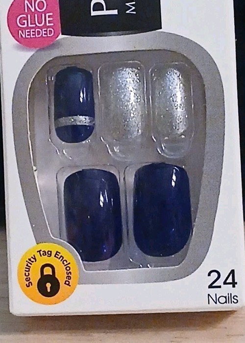 Kiss Press-On Manicure 24 Medium Square Tip Nails Royal Blue Silver Glitter