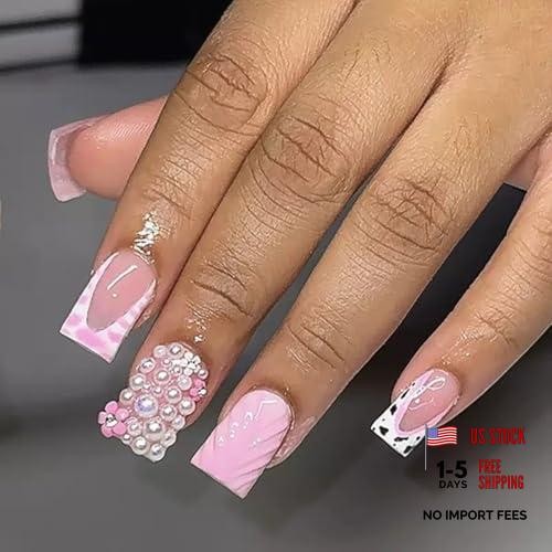 Pink Press on Nails Square Fake Nails 3D Short False Nails 3D Normal Style34