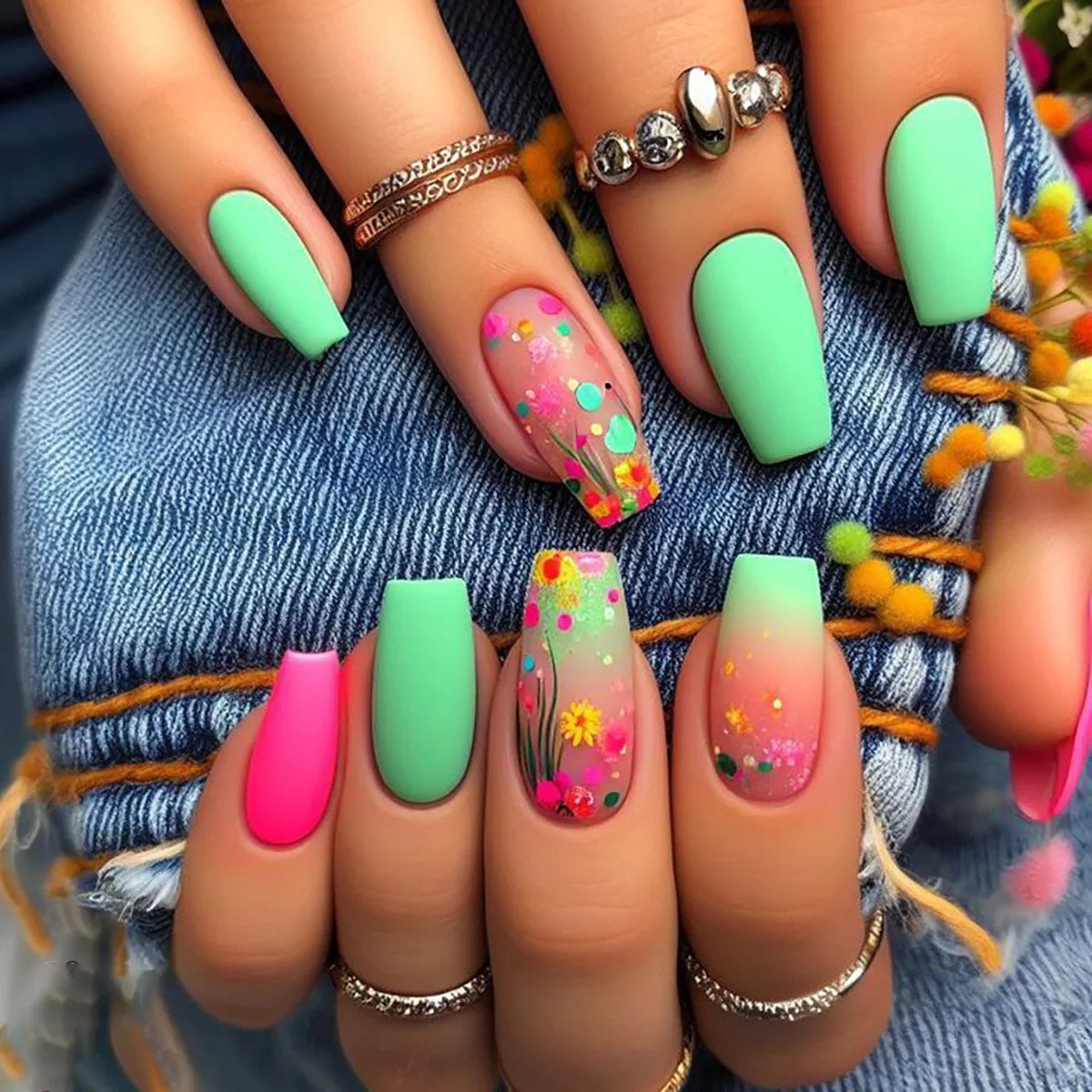 24pcs set Spring Summer Press On Nails Short Medium Long Fake Nails For Women