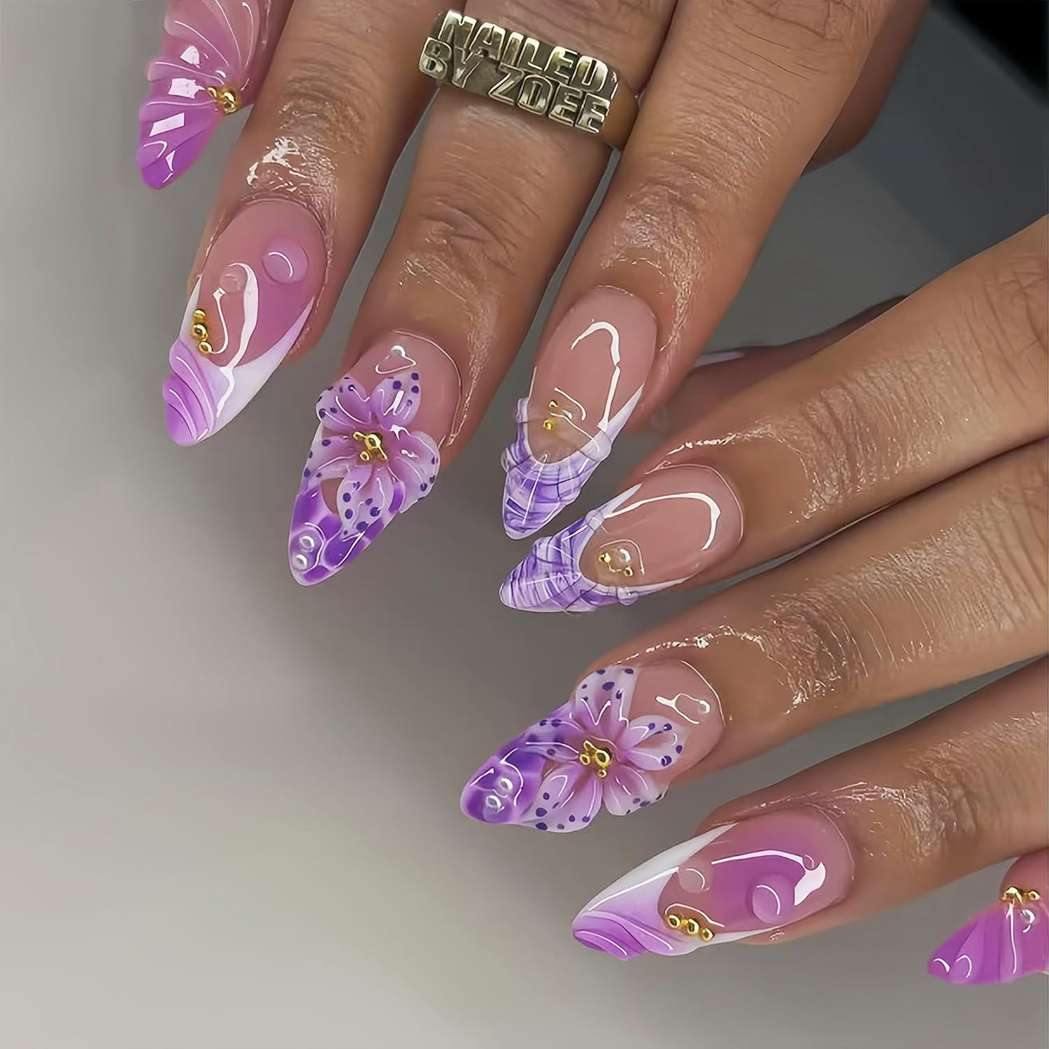 24Pcs Purple Pink Press on Nails Almond Medium 3D Embossed Lavender Fake Nail Sp