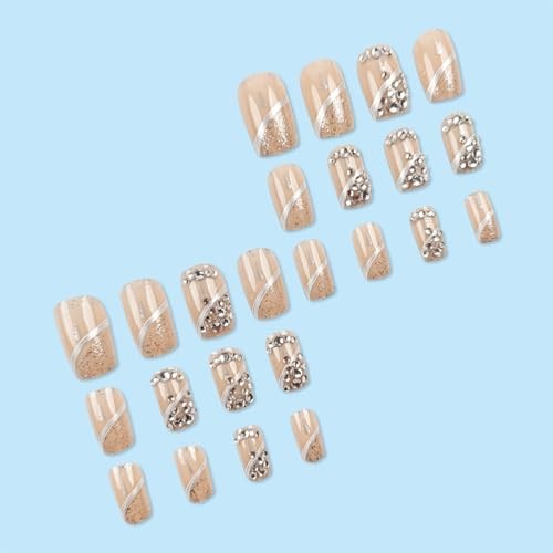 Silver Curve Line Press on Nails 24Pcs Rhinestones Stick on Nails Crystal Queen