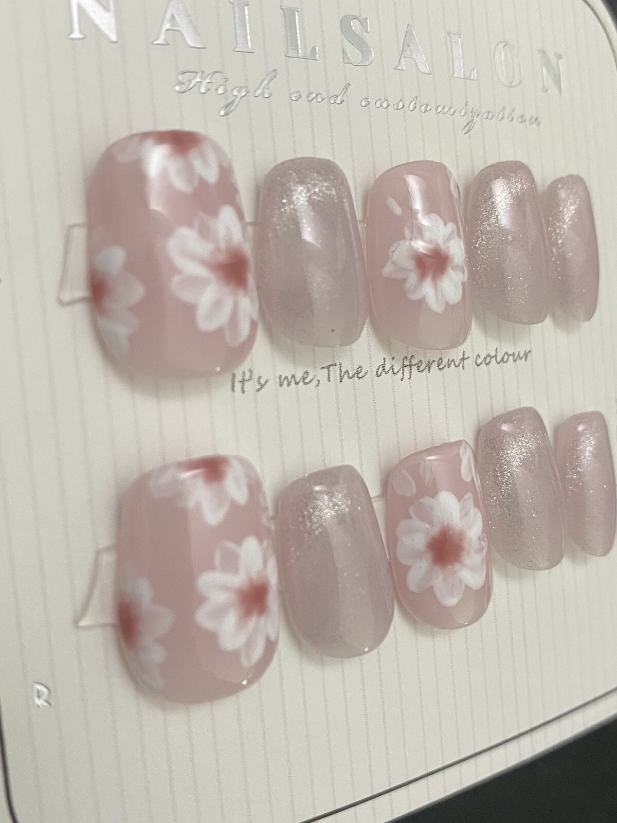 Flower In Pink -Custom Gel Press on Nails fake nails Handmade 10 pc set SMALL