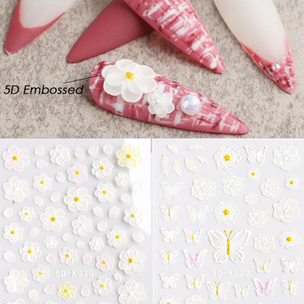 8 Style 5D Nail Sticker Embossed Butterfly Rose Flower Decal Nail Art Decoration