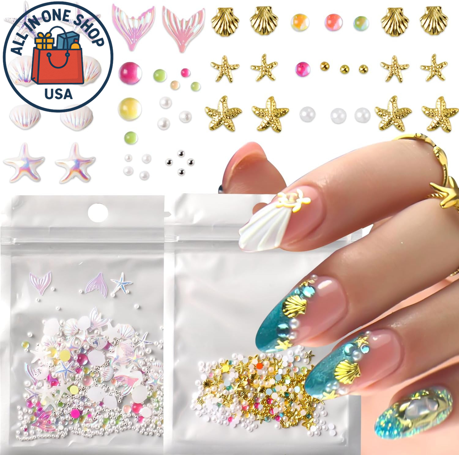 3D Summer Beach Nail Charms Set – Seashell Starfish Gems for DIY Manicure