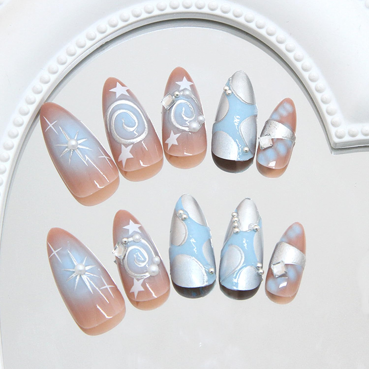 24Pcs Almond Press on Nails Medium Fake Nails with Silver Star Irregular Lines P