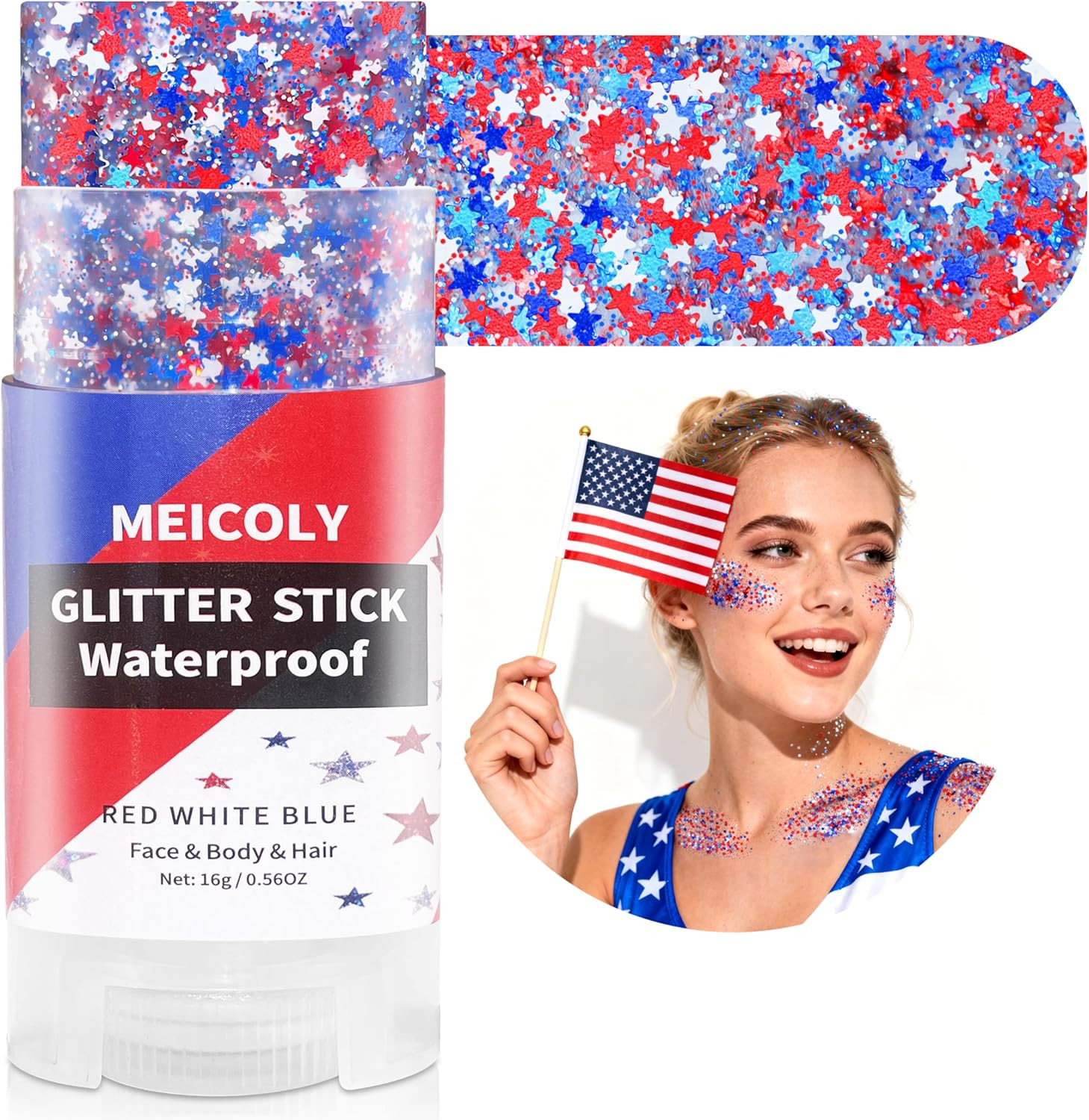 Red White and Blue Star Face Glitter Stick,4th of July Accessories for Women …