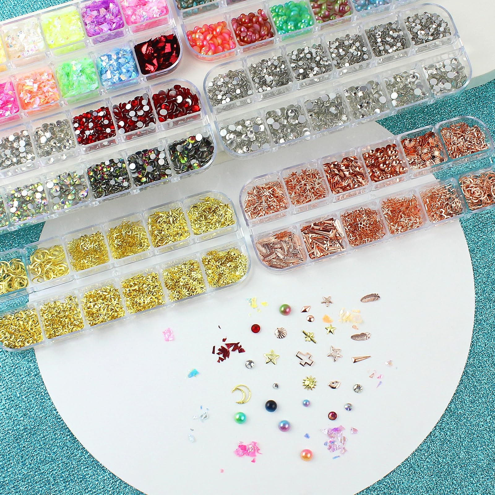 Nail Art Glitter Studs Kit 6 Boxes Multicolor 3D Charms 15 Sheets Gold Stickers