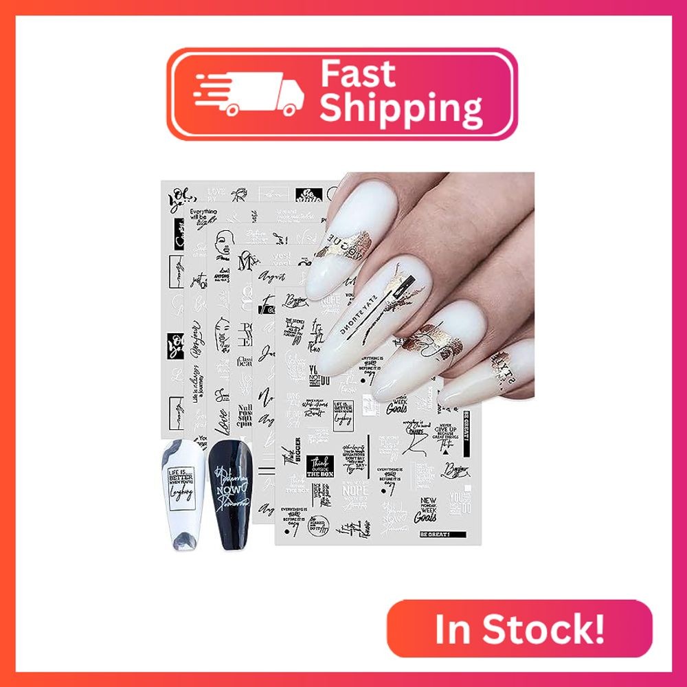 XEAOHESY 6 Sheets Black White Words Nail Stickers Self Adhesive English Words Ab