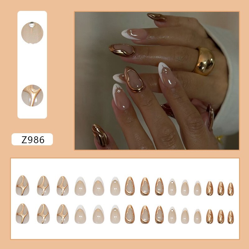 24pcs French Style Starburst 3D Golden press on Nails, Medium Almond Shape
