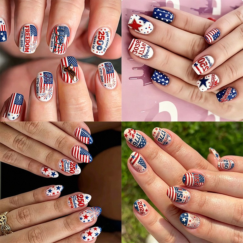 96Pcs Mixed Shape Nails, USA 250th Anniv, Flag Firework & Letter Print