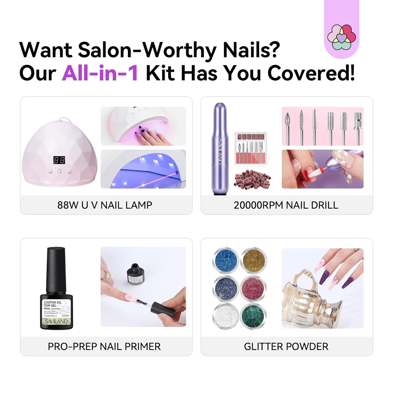 Professional Acrylic Nail Kit with 3 Powders & 88W Lamp – Perfect for Beginners