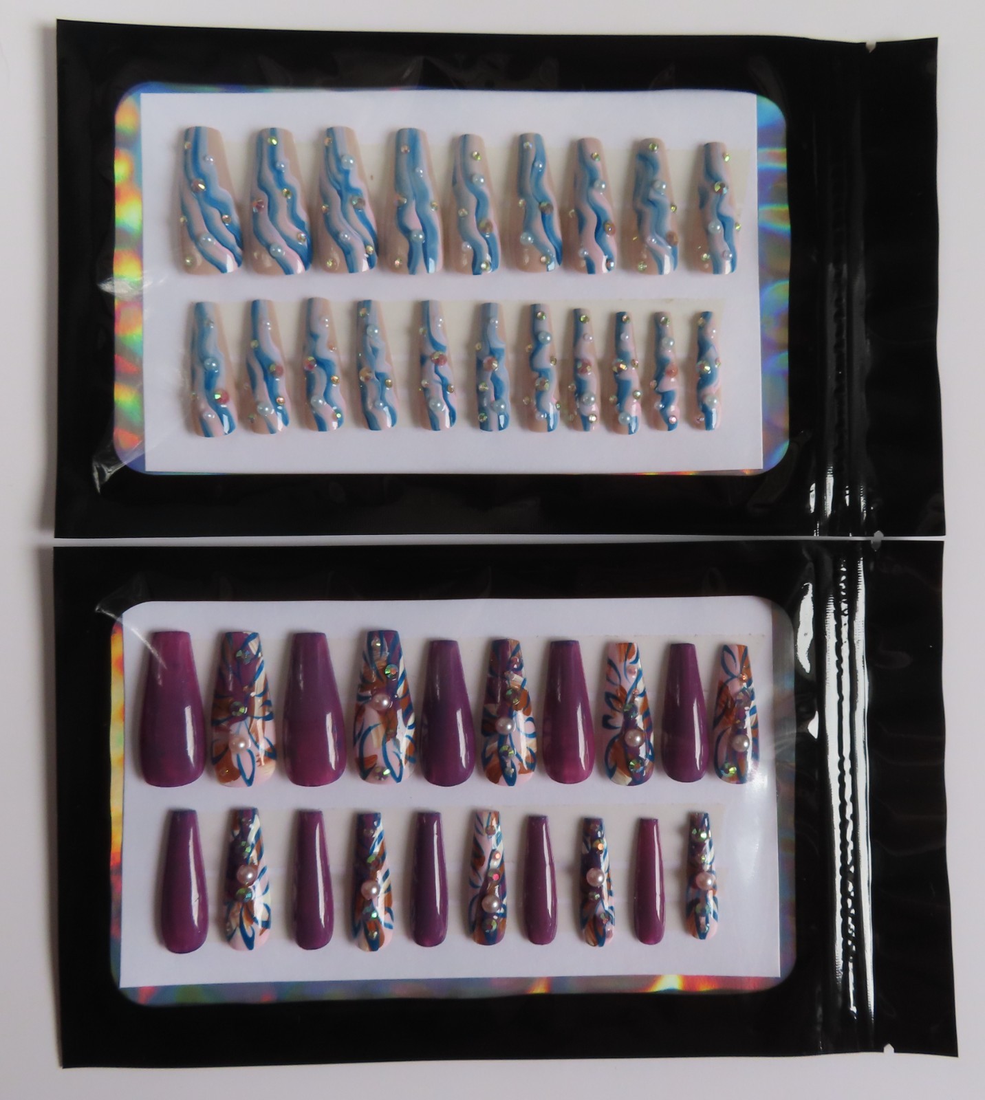 (2) Sets Purple Blue Pearl Abstract | Blue Pink Pearl Wave Coffin Press-On Nails