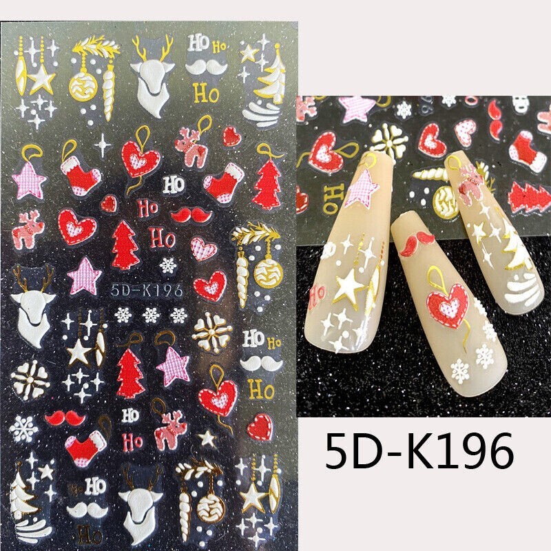 Christmas New Year 5D Embossed Reindeer Tree Star Heart Nail Art Stickers Decals