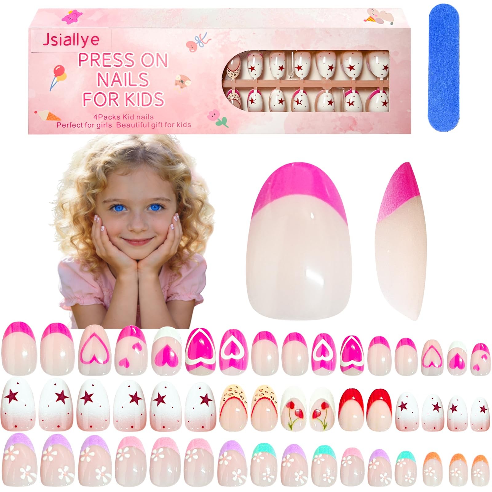 Jsiallve 96Pcs Short Oval Press on Nails for Girls, 16 Size, color pattern 3p