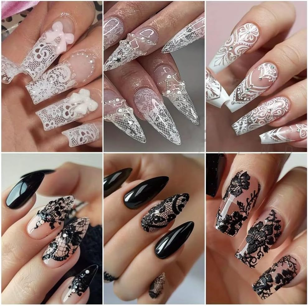 Lace Nail Foil Sheets, 10 Rolls Black White Flower Nail Foils Transfer Nail Art