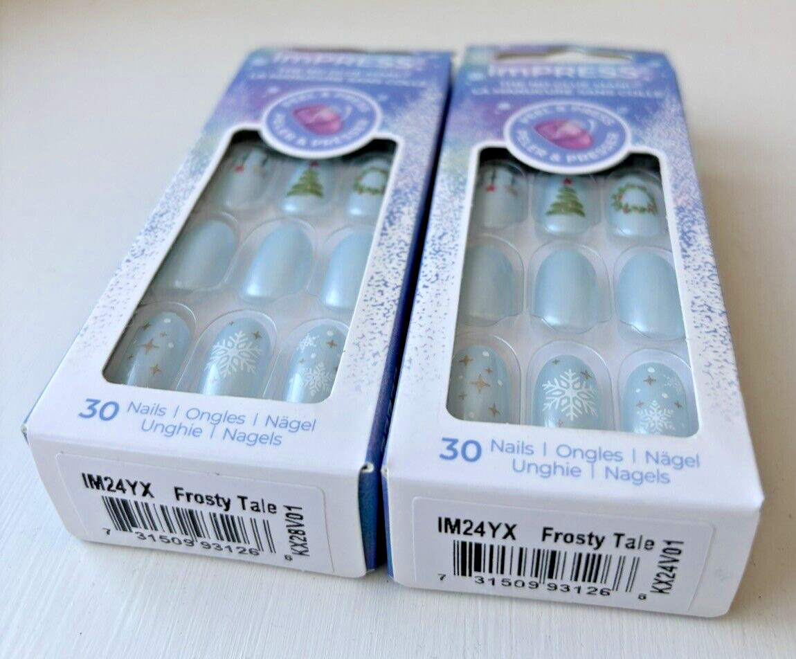 (2 LOT) KISS imPRESS 30 Nails Peel & Press Short Frosty Blue Snowflake Christmas