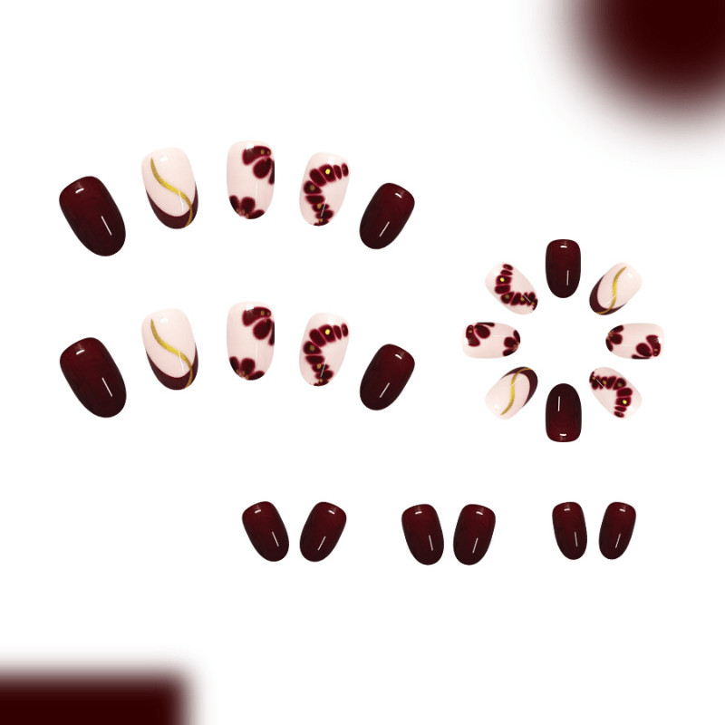 48Pcs-Short Oval Burgundy Blush Gradient Gold Line Tiny Bead Fake Press on Nails