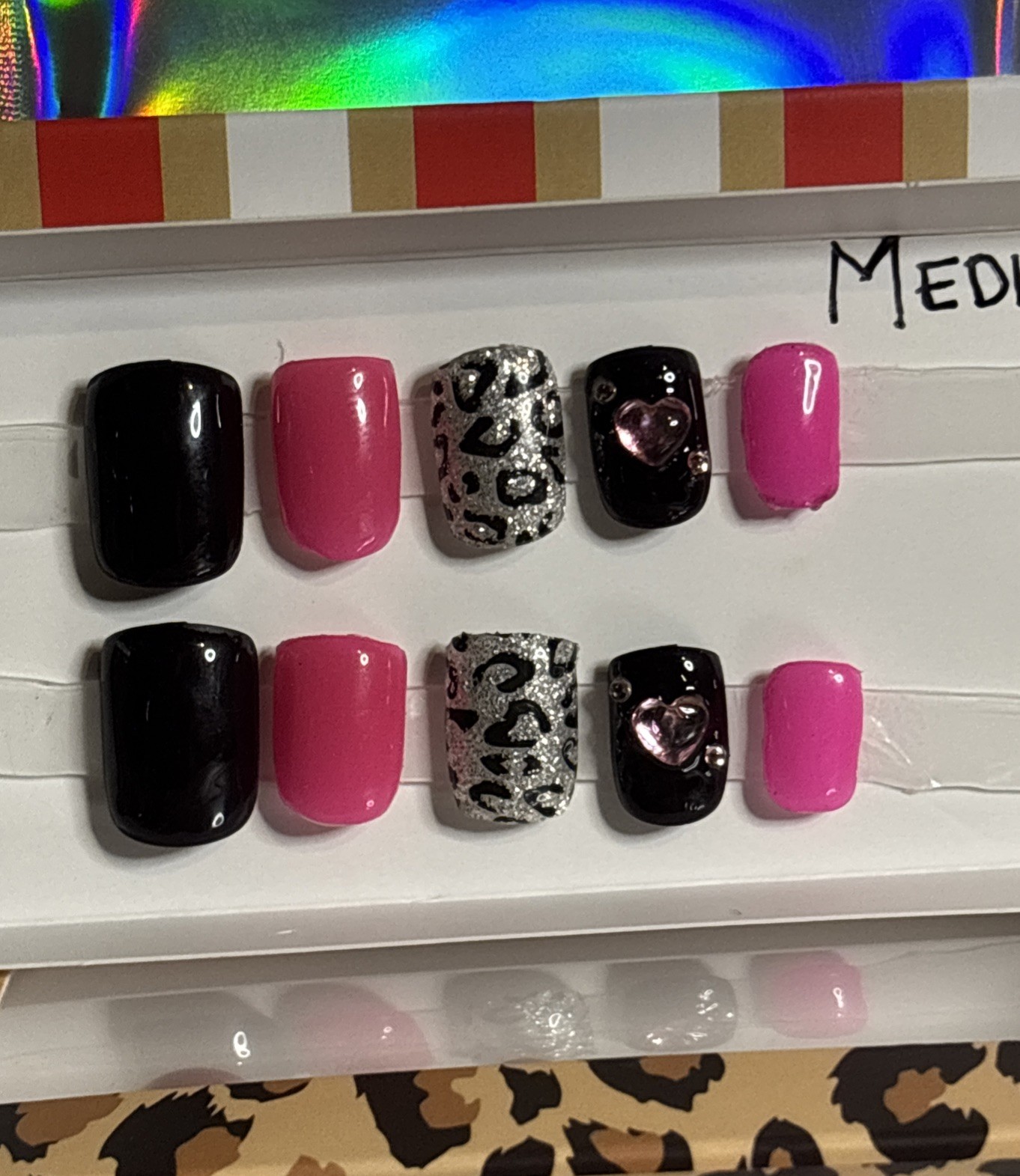Press On Nails Short Square-Nails Black/Pink/AnimalPrint SzMed Super Cute!
