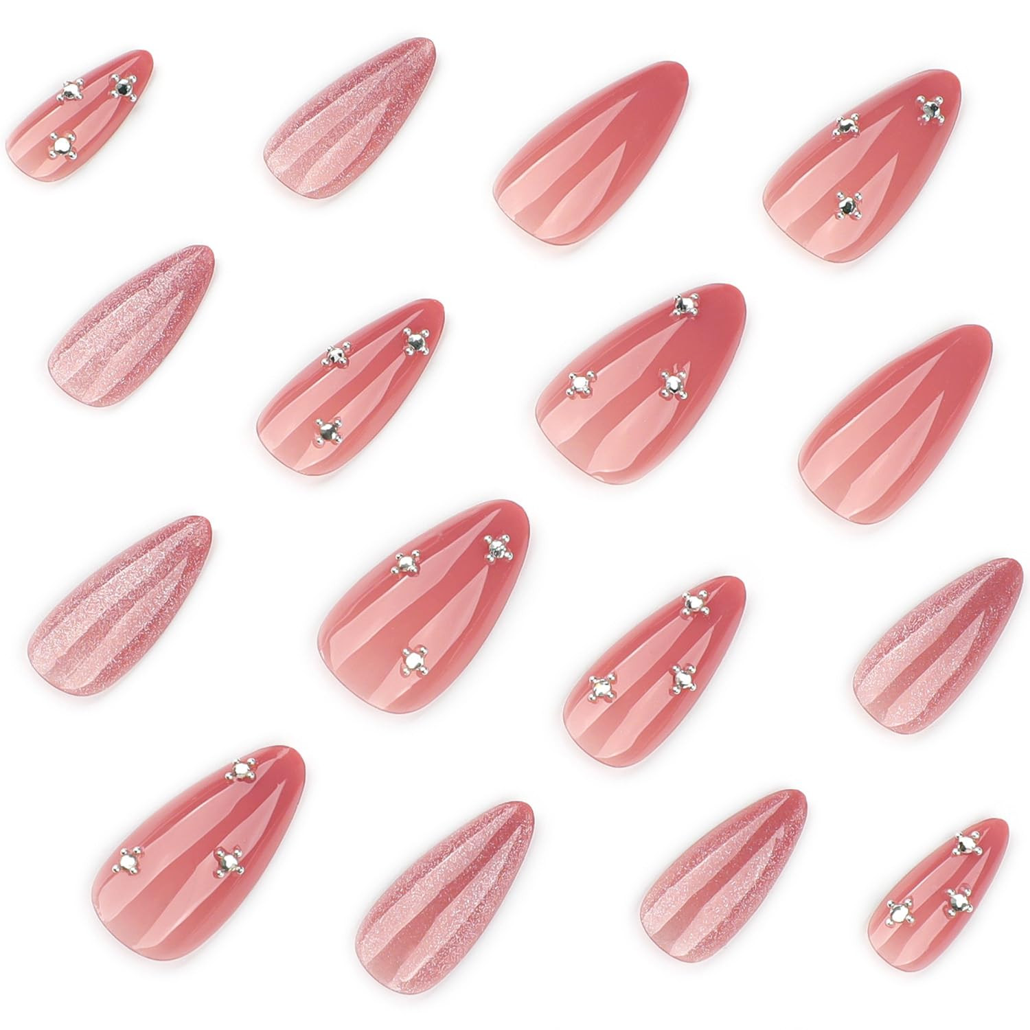 Nude Pink Cat Eye Press on Nails Almond Shape, Glossy Milky Pink Fake Nails with