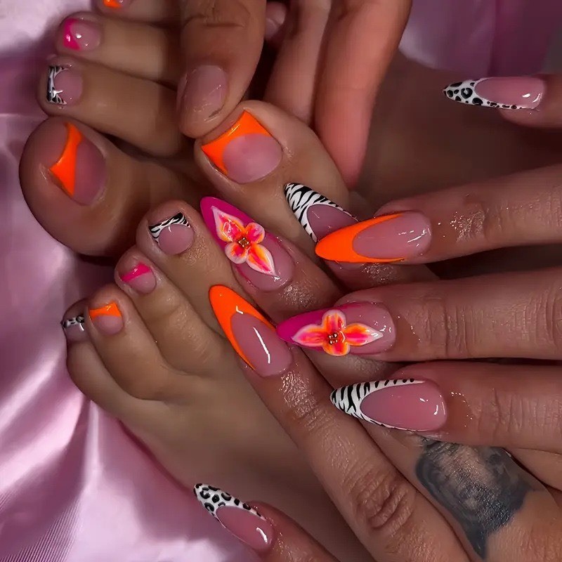 Press on Nail， Orange Pink Contrast Zebra Pattern, Long Fake Nail, 48 Piece Set