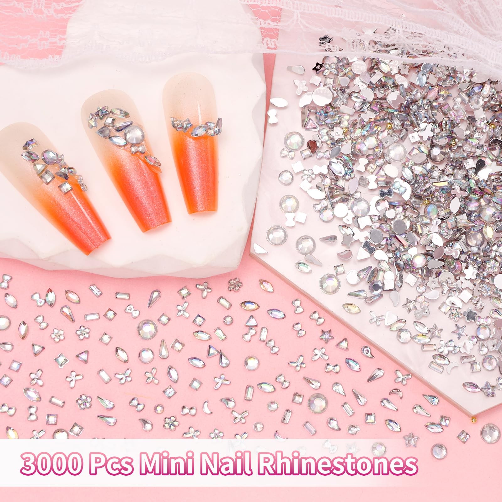3000 Pcs Mini Rhinestones for Nail Art, Multi Shapes Crystal Flatback Nail Ge…