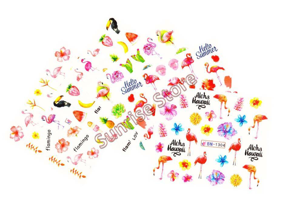 Nail Art Water Transfer Sticker Flamingo Bird Flower Green Leaves Floral Decals