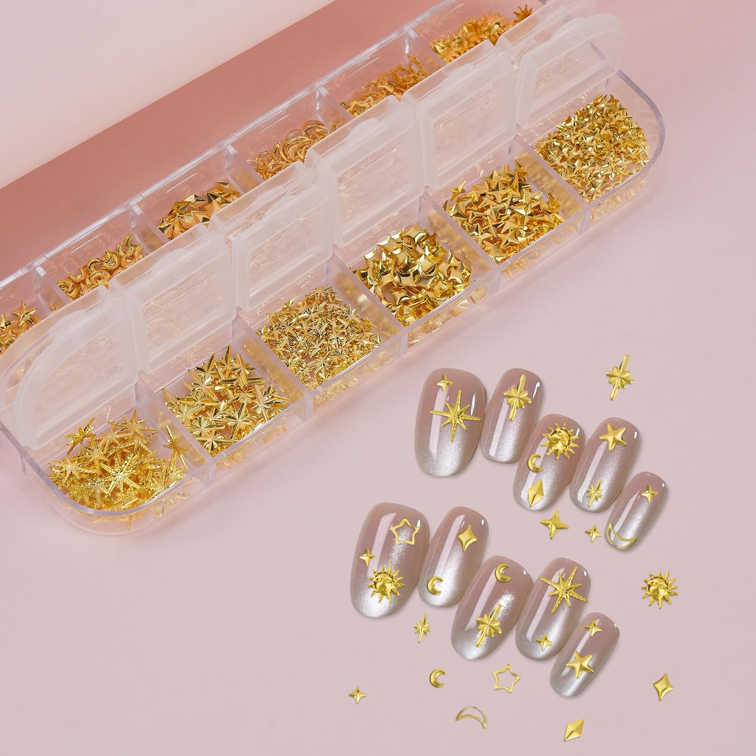 3D Star Nail Charms, Sun Moon Stars Metal Nail Charms for Nails Art Design, 12 S