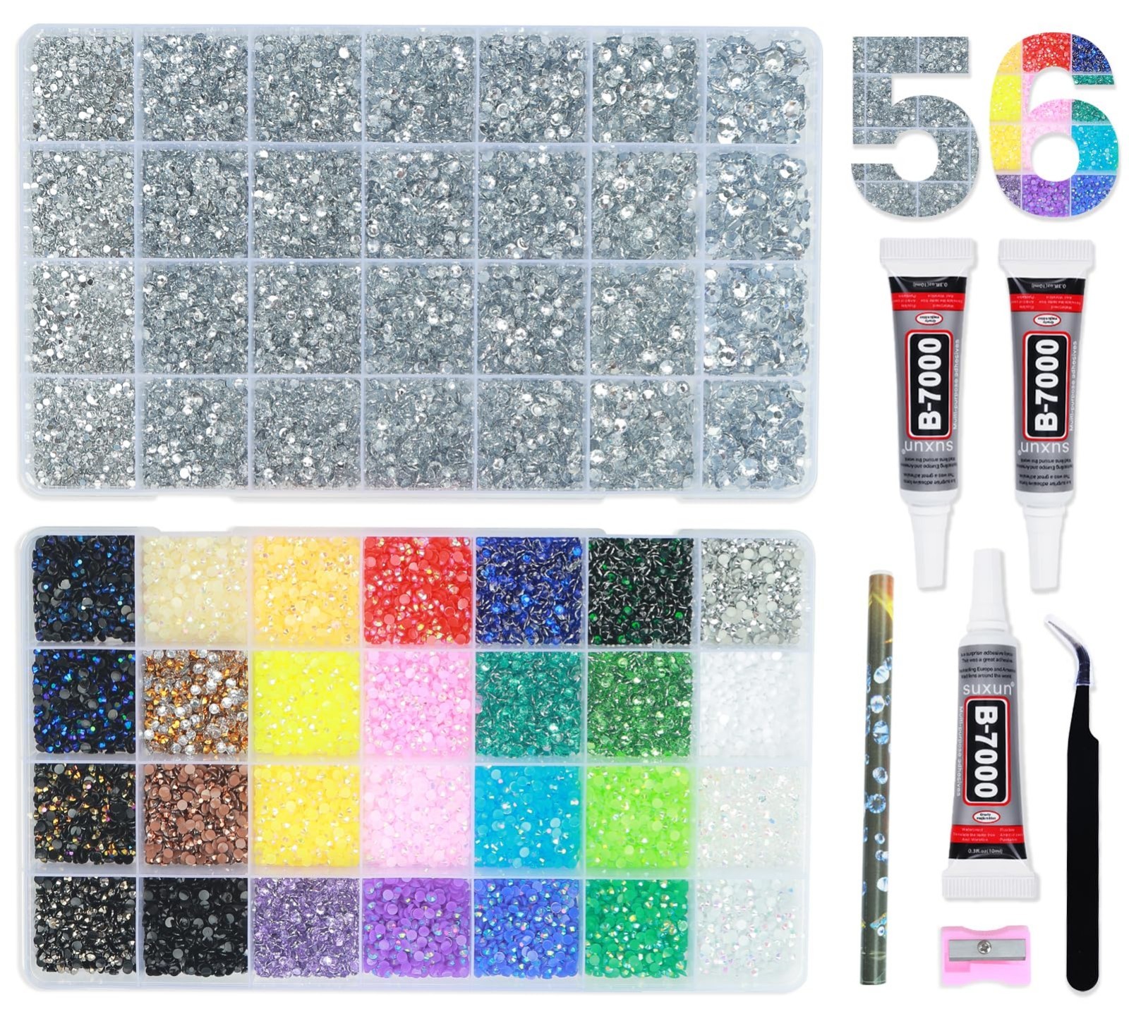 Rhinestones Bedazzling Kit – Silver Clear & Multicolor Flatback Gems + B7000 Glu