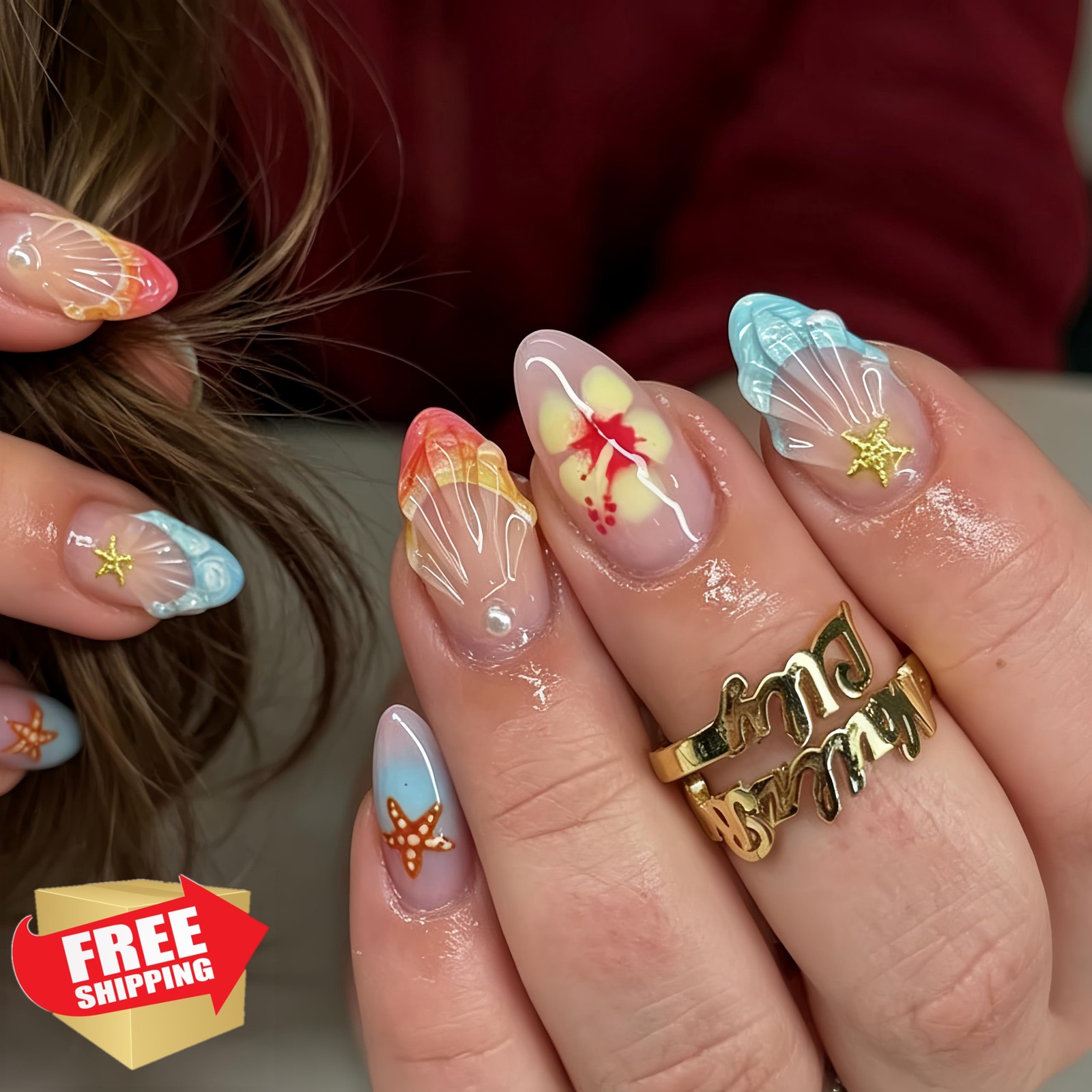Tephrent Medium Almond French Tip Press on Nails Starfish