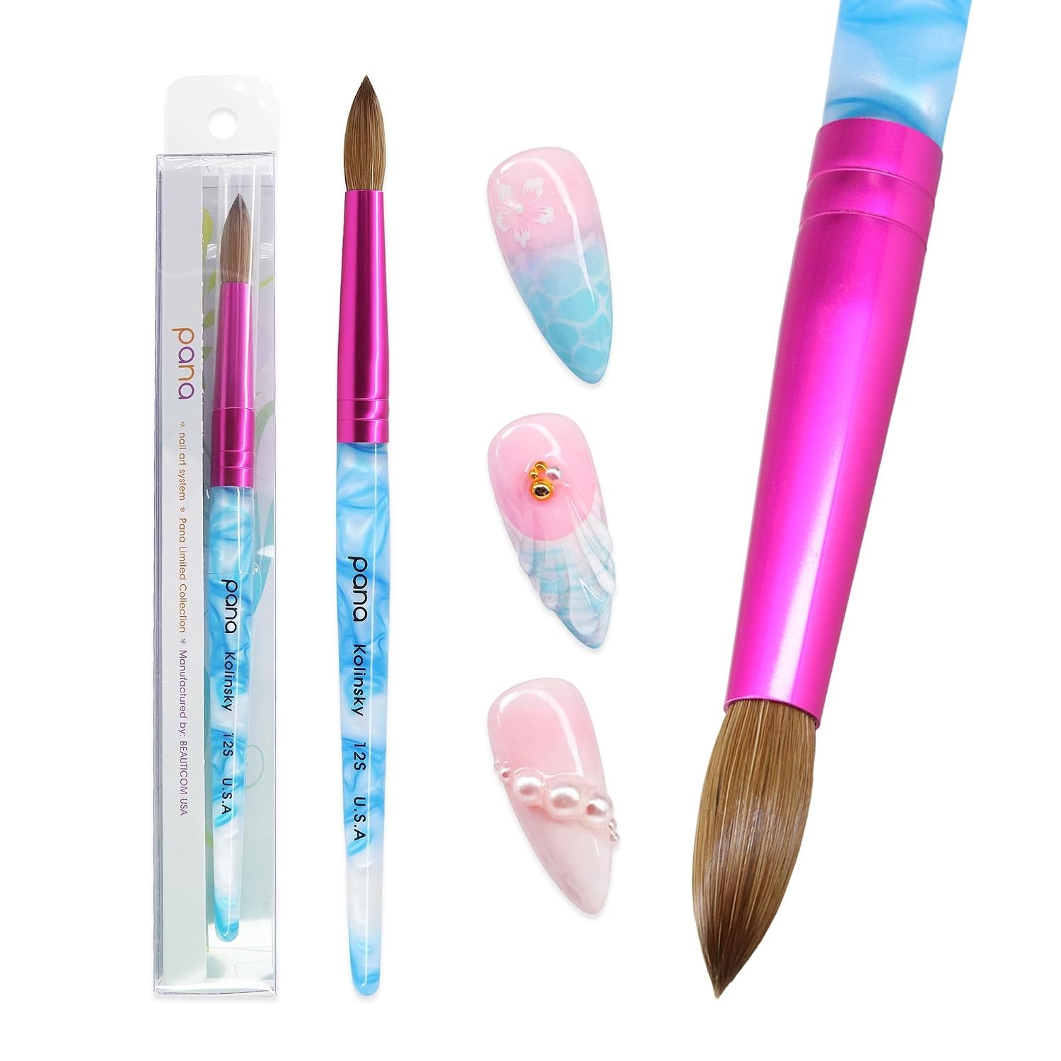 USA Acrylic Nail Brush Pure Kolinsky Hair White Swirl Blue Handle with Pink