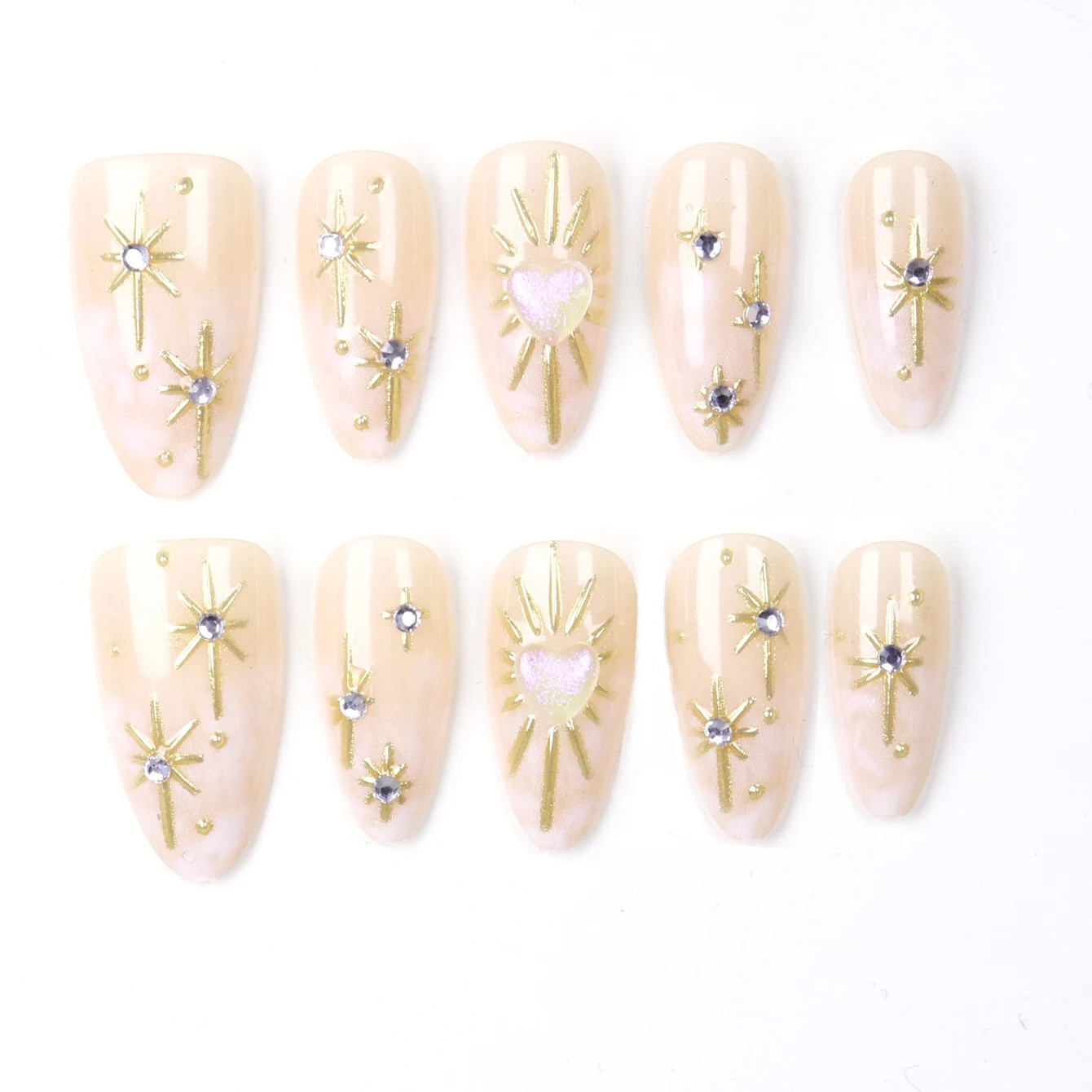 10PCS Gold Sun Star 3D Charm Almond Short Reusable Acrylic Fake Nails for Women